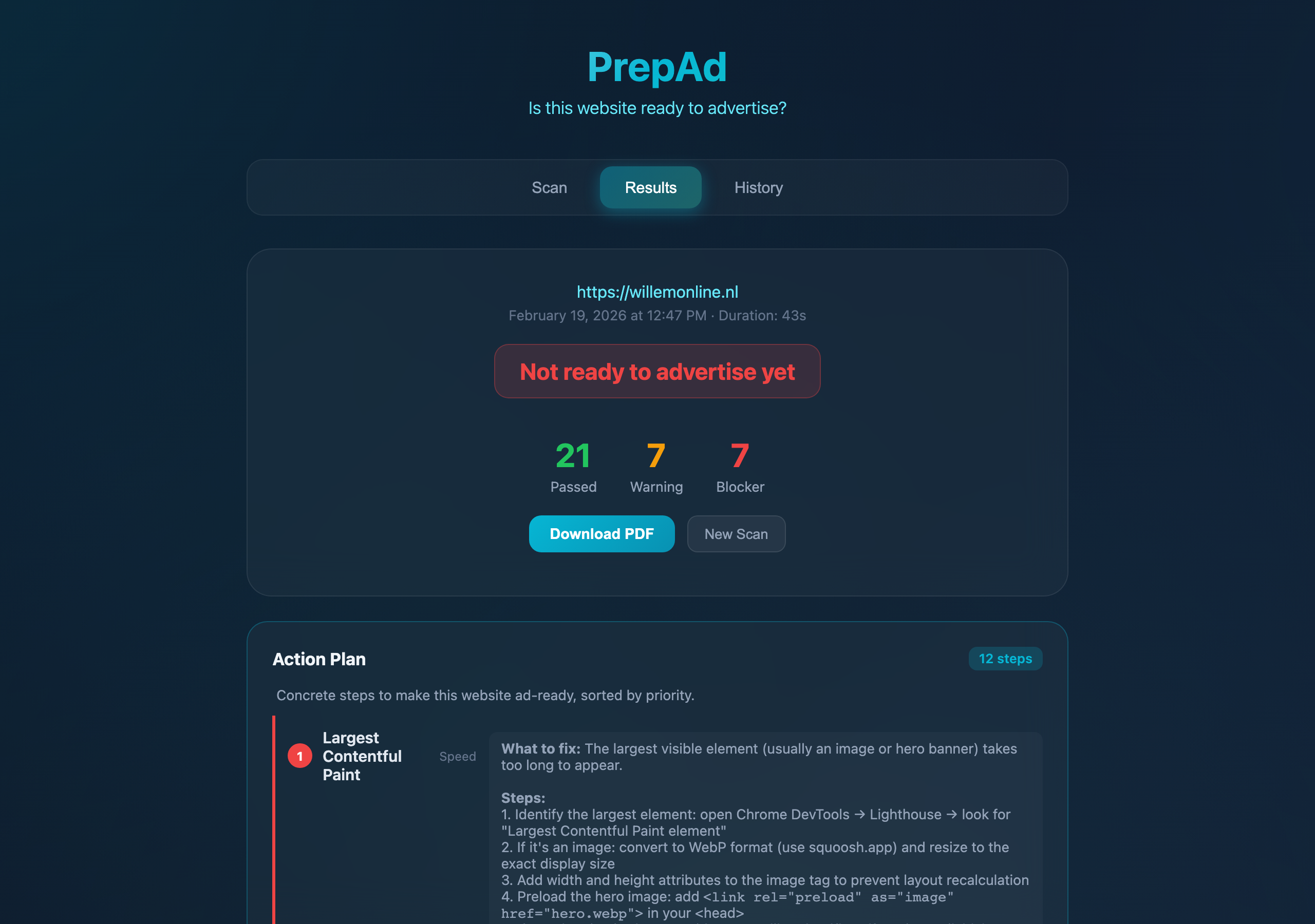 PrepAd scan results showing website readiness verdict, score breakdown, and action plan